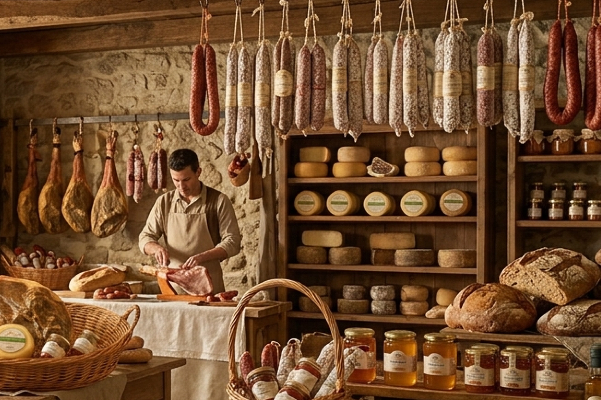 Interior de uma charcutaria tradicional com enchidos, queijos e produtos artesanais